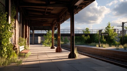 Fototapeta premium Abandoned Train Station Platform Surrounded by Overgrown Vegetation and Soft Natural Light