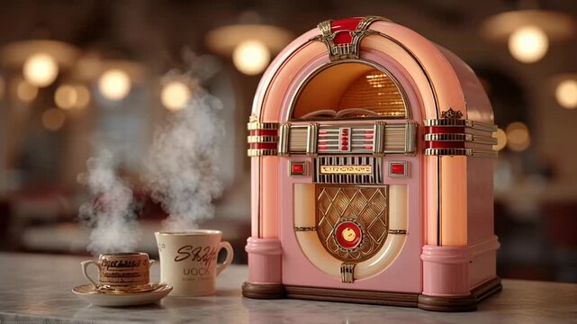 A vintage pink jukebox sits on a table next to a steaming cup of coffee in a cozy restaurant setting with warm lighting.