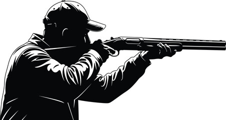 Side profile of male hunter aiming shotgun, black and white vector silhouette of clay pigeon shooter, outdoor sporting activity, sportsman target shooting © MostMonira