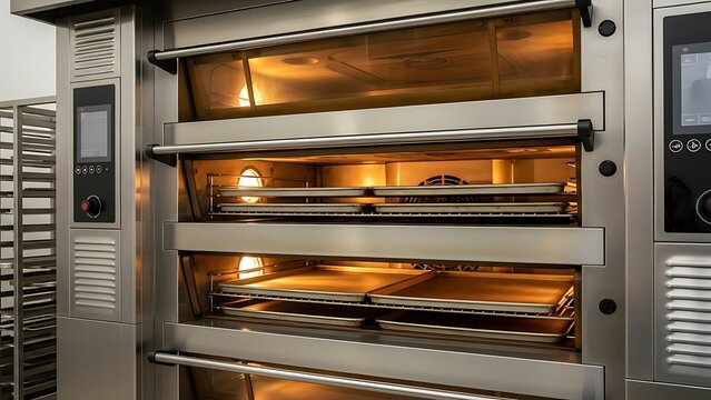 Industrial steel baking oven with multiple racks operates in a commercial kitchen