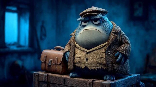 A grumpy troll character sitting on a brick wall with a suitcase in a dark room with blue lighting