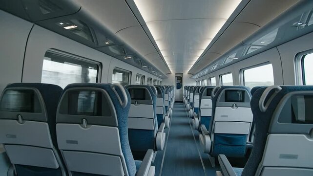 Empty modern train carriage interior, rows of blue seats and aisle perspective for travel and commuting, calm quiet mood for public transport safety and off peak service