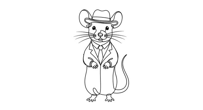 A dapper mouse standing in a suit and fedora, rendered as a minimalist black continuous line drawing, creating a humorous monochrome illustration isolated on a white background.
