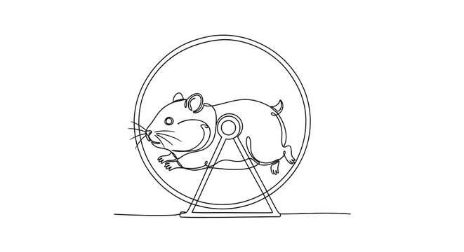 A cute hamster running vigorously inside a classic exercise wheel, rendered in a simple black and white line art style conveying energetic movement on an isolated white background.