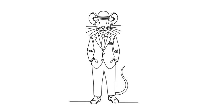 Minimalist continuous line drawing of a sophisticated anthropomorphic mouse wearing a formal suit and cowboy hat, standing confidently isolated on a monochromatic white background.