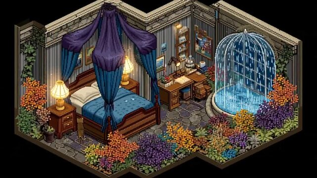 A serene video of a fantasy bedroom with a waterfall and a four-poster bed in a peaceful atmosphere