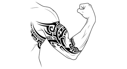Dynamic tattooed arm flexing with tribal design.