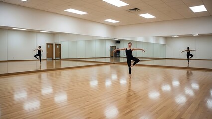 Obraz premium Dancer practices routine in studio with mirrored walls during afternoon session