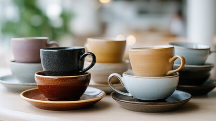 Fototapeta premium Assorted Coffee Cups Stacked on Wooden Surface in a Cozy Cafe Setting with Soft Background Lighting