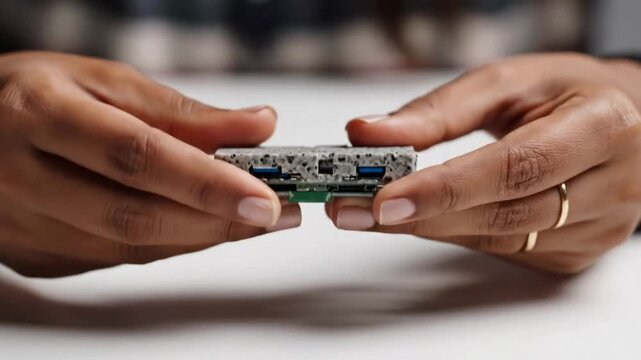 Black adult hands assembling small electronics board on table, closeup maker activity for coding and robotics learning, calm focused mood for back to school STEM