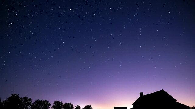 Starry night sky above rural house silhouette, calm twilight horizon and tree line, peaceful astronomy mood for stargazing, winter solstice evening concept