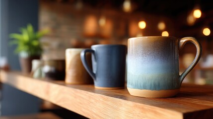 Obraz premium Cozy Coffee Shop Scene Featuring Artistic Ceramic Mugs on a Wooden Counter with Soft Lighting and Green Plant