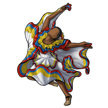 illustration of a colombian cumbia folklor dancer dress called pollera making the silouette of the colombia map
