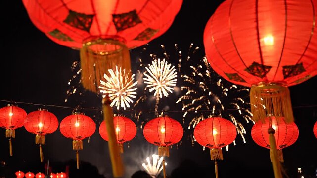Epic wide shot of a Chinese New Year celebration with multiple red lanterns framing