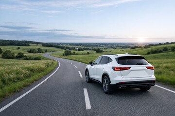 Fototapeta premium White SUV driving on countryside road at sunset with scenic background. Ai generative