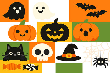 Cute Halloween Icons Background: Paper Cutout Collage of Jack O' Lanterns, Ghosts, Black Cat, Bats, Skull, and Witch Hat in Traditional Colors.