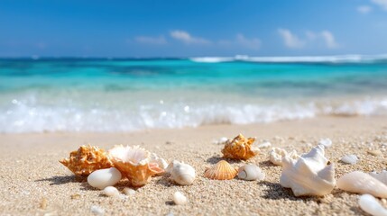 Beautiful Beach Scene with Colorful Shells on Shoreline under Clear Blue Sky and Gentle Waves