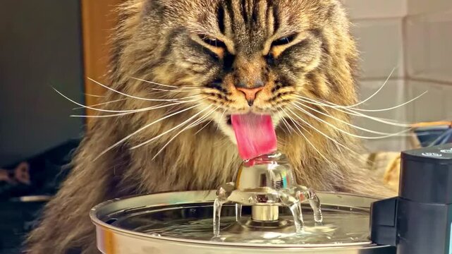 Calm cat drinks from fountain indoors