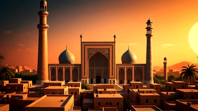 Sunset over ancient Middle Eastern city with mosques and minarets 