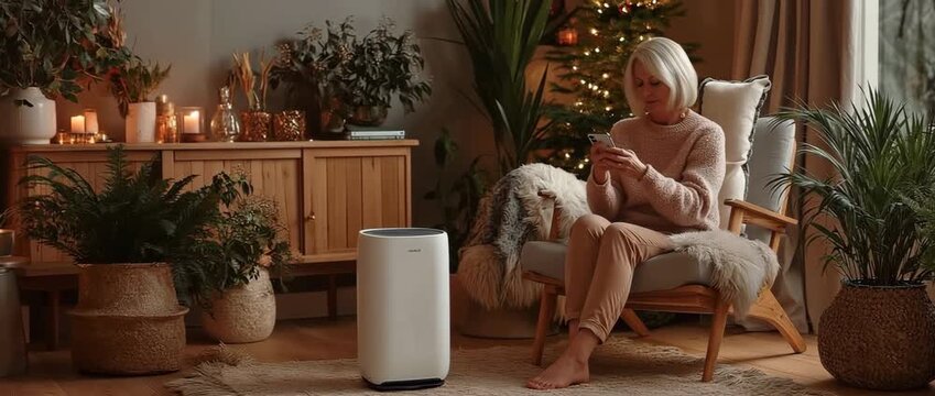 At home, a woman in an armchair uses a cell phone to control an air purifier.
