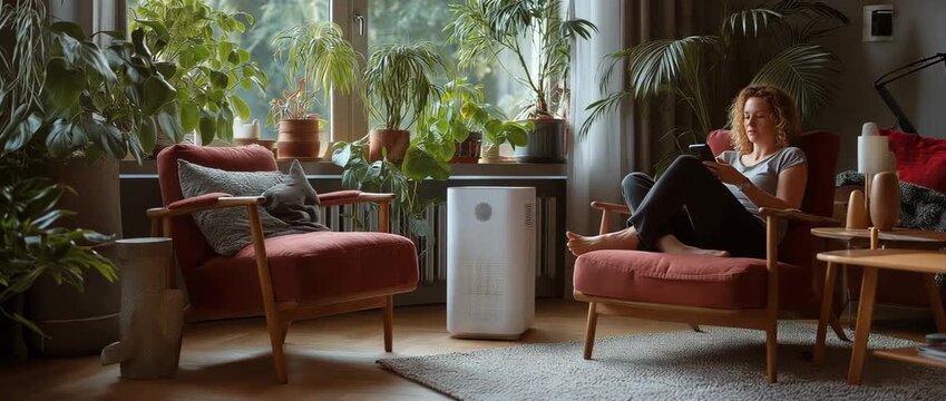 At home, a woman in an armchair uses a cell phone to control an air purifier.