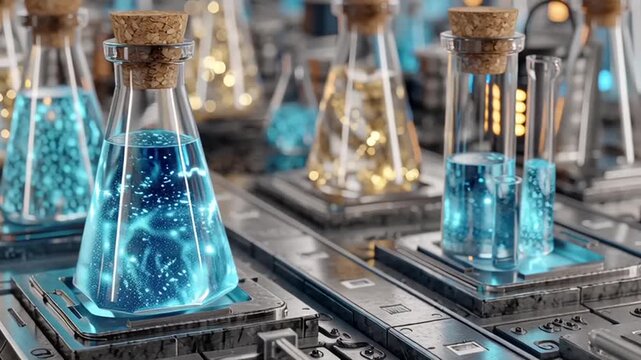 A scientist carefully examines a glowing blue liquid in a laboratory flask during a video experiment on futuristic biotechnology research