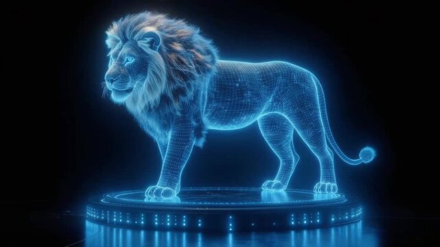 A majestic holographic lion stands proudly on a futuristic glowing platform against a dark background.