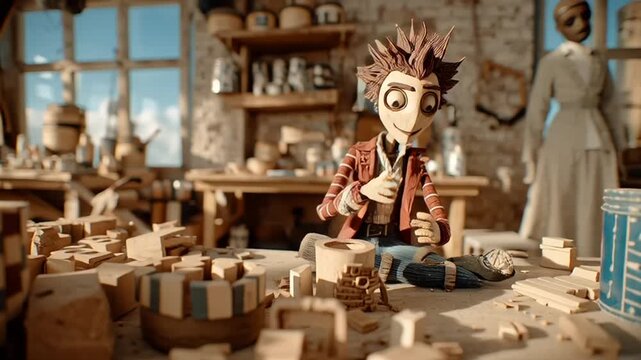 A cartoon character sits cross-legged on a workbench in a woodworking shop surrounded by wooden blocks and tools