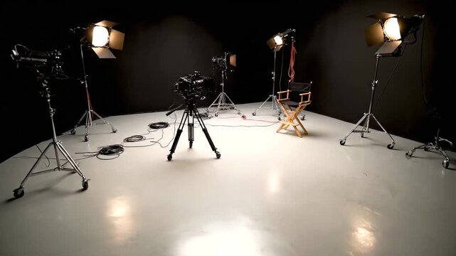 Professional recording studio setup with multiple cameras and lights on white floor 