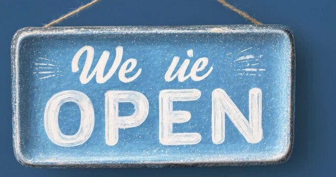 A rustic blue sign, hand-painted with the inviting message 'We are OPEN' in charming white script, hangs against a complementary blue background. The sign, complete with a natural fiber rope for hangi