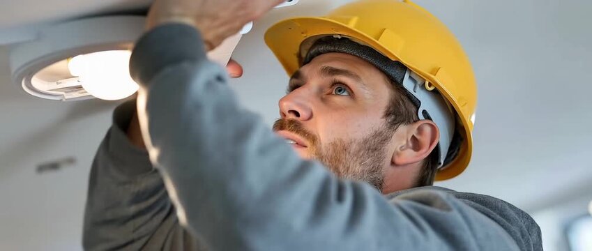 A worker inserts a lighting fixture into the ceiling hole with care.