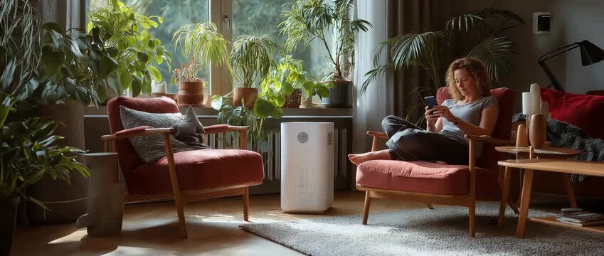 At home, a woman in an armchair uses a cell phone to control an air purifier.