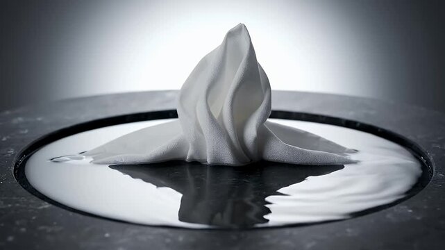 Elegantly folded cloth absorbing water on black luxury surface