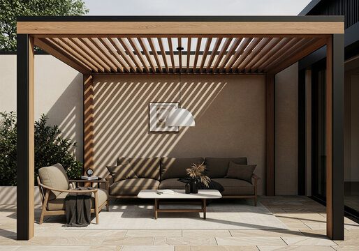 Modern Outdoor Living Space with Contemporary Pergola Design and Comfortable Furnishings for Relaxation