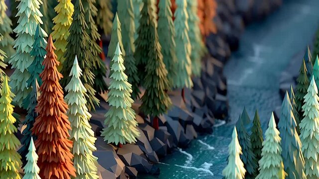 Aerial video of a serene forest with a winding river flowing through it, surrounded by tall evergreen trees and rocky terrain.
