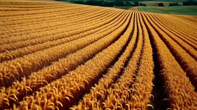 Aerial view of a vast golden wheat field with curved rows in a serene rural landscape during daytime