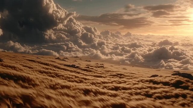 A serene video landscape of a vast, golden field above the clouds at sunset