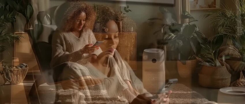 At home, a woman in an armchair uses a cell phone to control an air purifier.