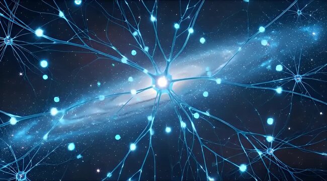 A vibrant blue neural network or cosmic web with glowing nodes and connections against a dark, star-filled background and a distant galaxy.