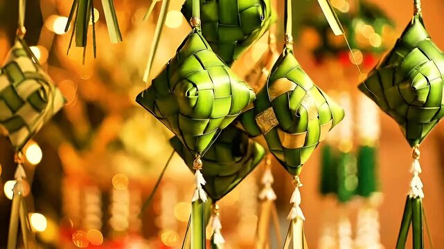 Hanging Green Decorative Items in Festival Setting.