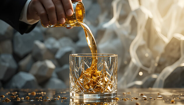 A hand carefully pours dark brown liquor from a jigger into a cut-glass rocks glass filled with golden metallic chips outdoors near smoky rock formations.