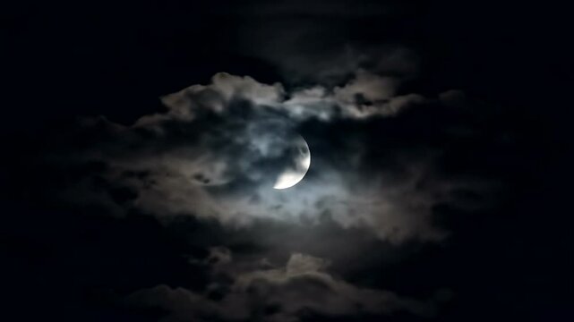 Moon glows brightly in a dark night sky with clouds 