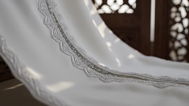 White Bridal Fabric Detail with Silver Embroidery and Moroccan Light