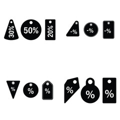 Black and white vector sale price tags and discount label icons with percentage signs.