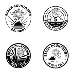 Summer beach countdown vector badge set with fireworks sun and ocean waves.