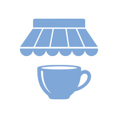 Blue vector coffee shop icon featuring a striped store awning above a tea or coffee cup.