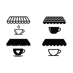 Coffee shop vector icon set featuring cafe awnings and hot drink cups with steam.