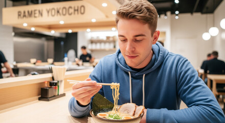 Caucasian people eating ramen at a Japanese ramen shop