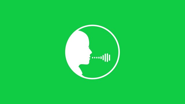 Voice command animation icon with talking person on a green screen background. Voice recognition technology. Speech control. 