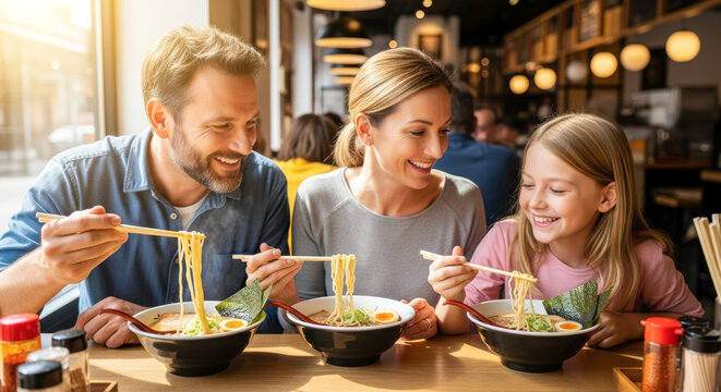Caucasian people eating ramen at a Japanese ramen shop